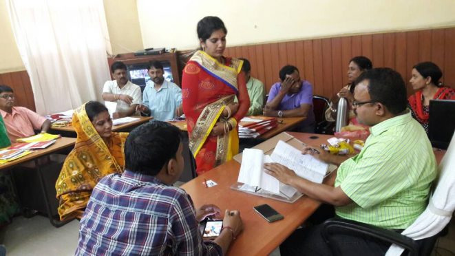 Returning Officer cum Sub-Divisional Magistrate Sanjay Kumar Nirala alongwith A.R.O. cum Madhepura CO Mithilesh Kumar , Shankarpur CO Gyan Prakash Serafin and LS Ms.Alka Kumari , distributing election symbols to 155 candidates standing in 26 wards of Nagar Parishad at SDM Chamber Madhepura