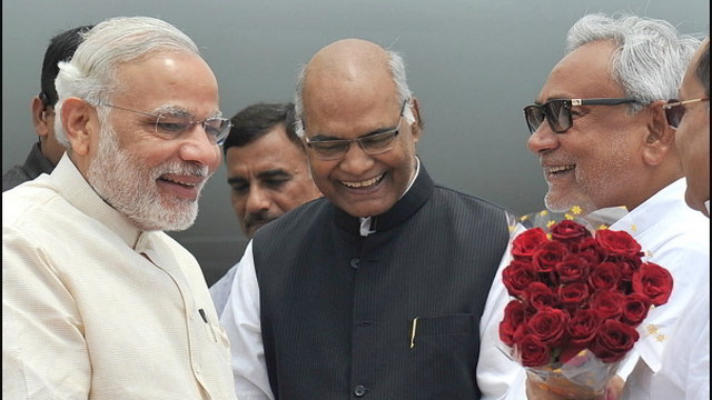 PM Narendra Modi and CM Nitish Kumar greeting the newly elected President of India Ram Nath Kovind .